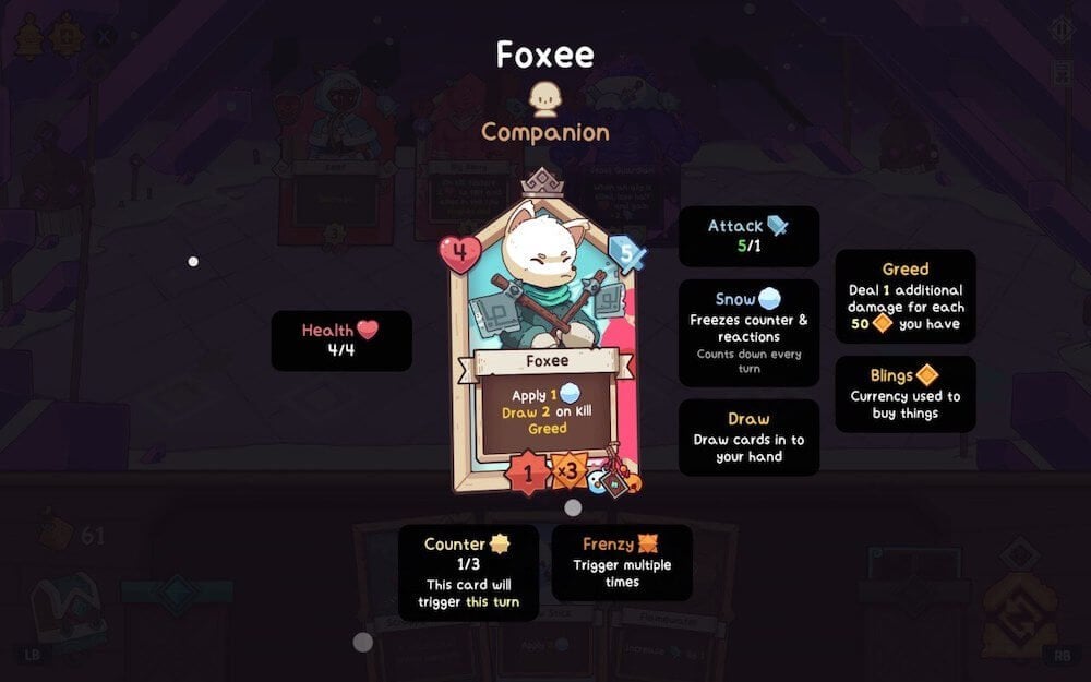 Foxee companion buffed with charms and items in Wildfrost