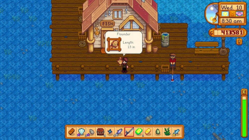 Catching a Flounder from fishing in Stardew Valley