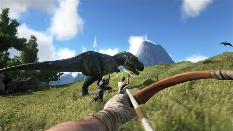 Aiming a bow at a TRex in Ark Survival Evolves