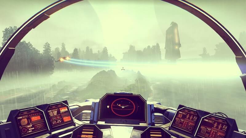 The view from the cockpit of your ship in No Man's Sky