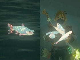 An image of a Stealthfin Trout in water next to Link holding a bunch of Stealthfin Trout