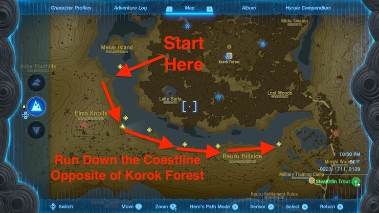 a map detailing where Stealthfin Trout are located and how to best catch them in Tears of the Kingdom